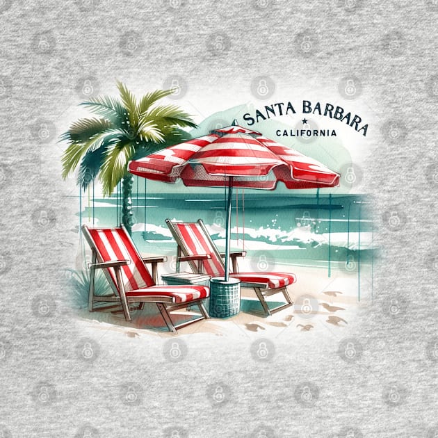 Santa Barbara Vintage Watercolor Beach Scene - California Travel by Retro Travel Design